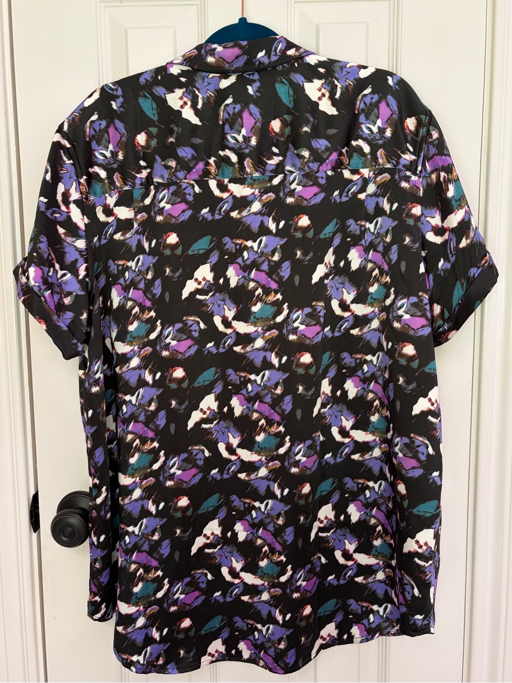 Wildfang Empower Satin Short-Sleeve Button-Front Shirt with Purple Teal Print - Picture 2 of 9